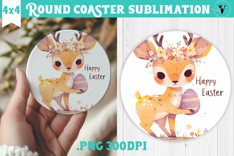 Easter Round Coaster | Watercolor Reindeer | Happy Easter