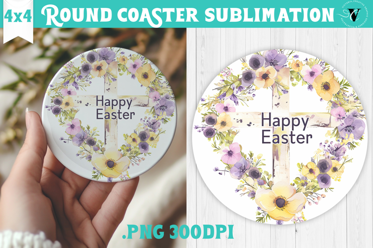 Easter Round Coaster | Watercolor Cross | Happy Easter