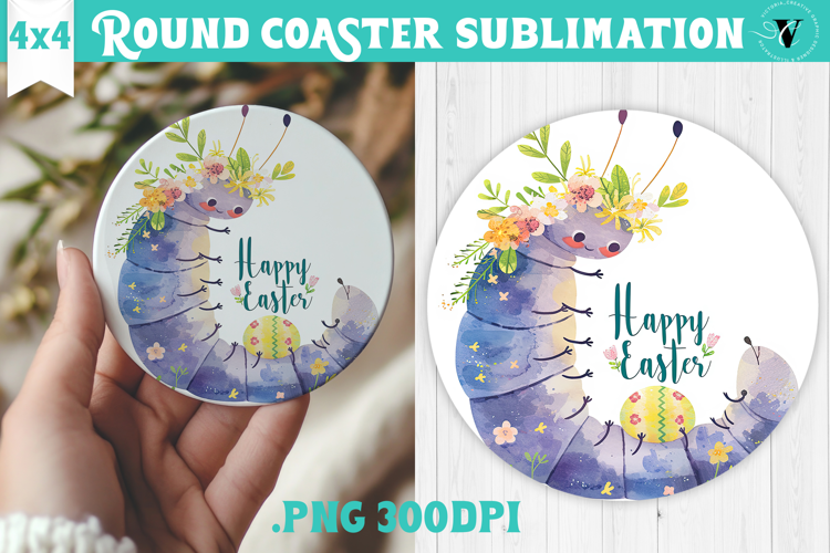 Easter Round Coaster | Watercolor Caterpillar | Happy Easter