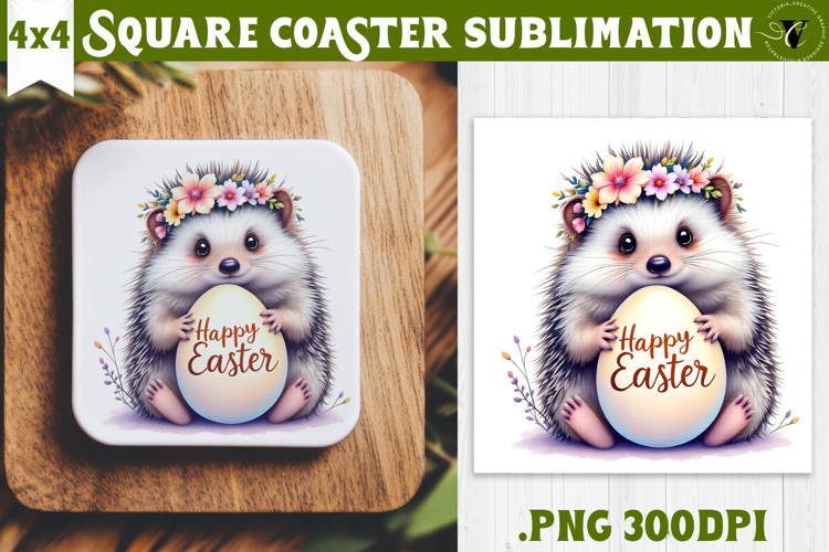 Easter Square Coaster | Watercolor Hedgehog | Happy Easter