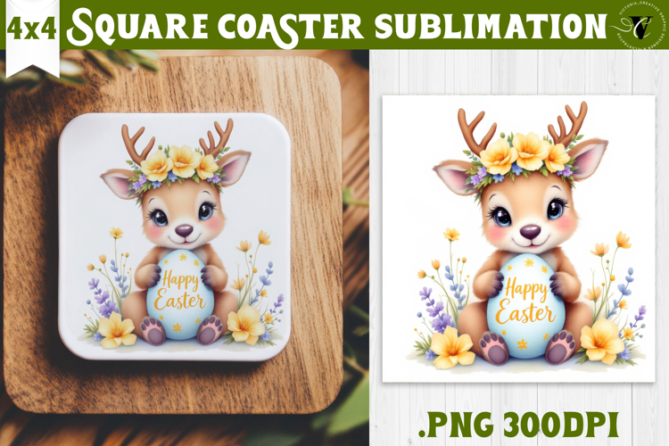 Easter Square Coaster | Watercolor Reindeer | Happy Easter