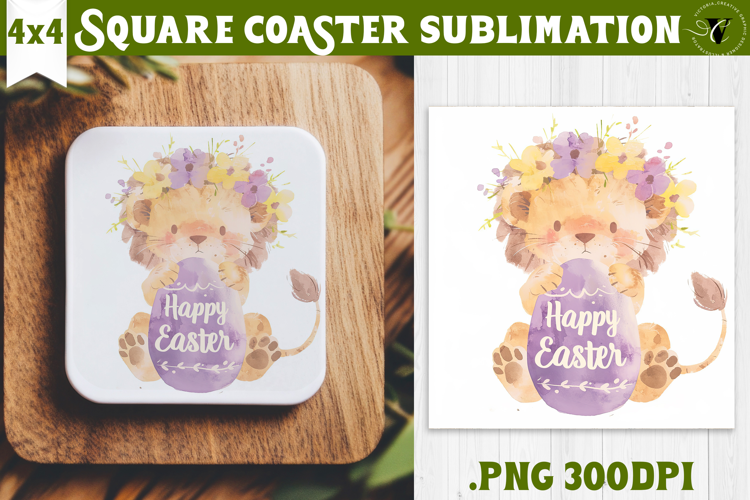 Easter Square Coaster | Watercolor Lion | Happy Easter