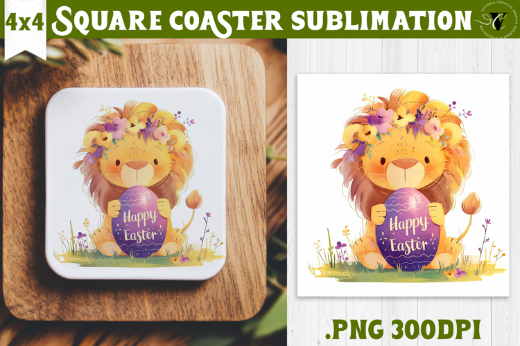 Easter Square Coaster | Watercolor Lion | Happy Easter