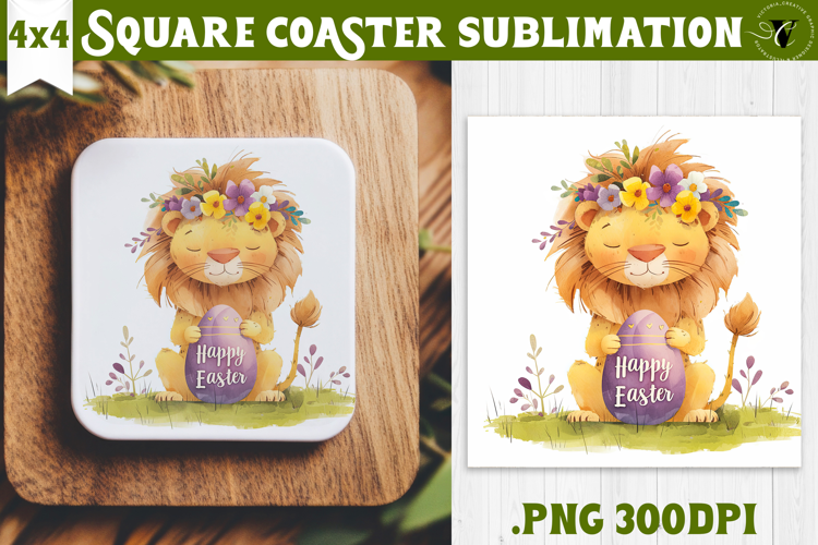 Easter Square Coaster | Watercolor Lion | Happy Easter