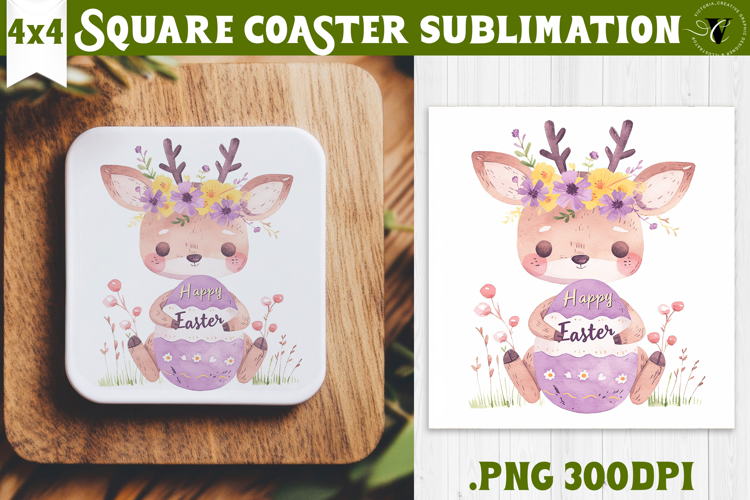 Easter Square Coaster | Watercolor Reindeer | Happy Easter