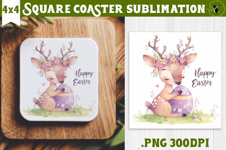 Easter Square Coaster | Watercolor Reindeer | Happy Easter