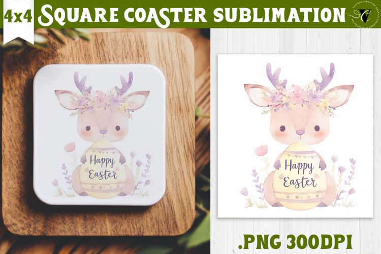 Easter Square Coaster | Watercolor Reindeer | Happy Easter