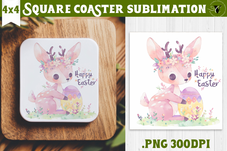 Easter Square Coaster | Watercolor Reindeer | Happy Easter