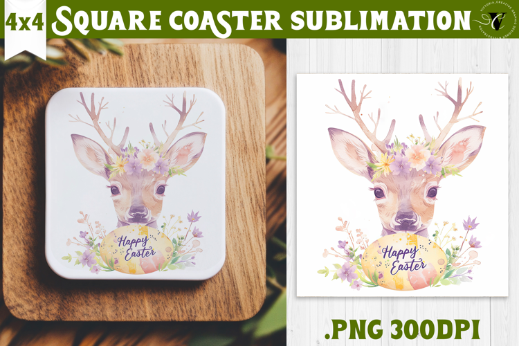 Easter Square Coaster | Watercolor Reindeer | Happy Easter