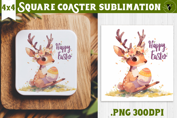 Easter Square Coaster | Watercolor Reindeer | Happy Easter
