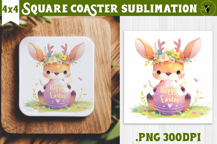 Easter Square Coaster | Watercolor Reindeer | Happy Easter