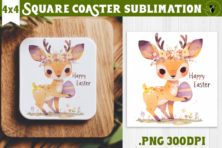 Easter Square Coaster | Watercolor Reindeer | Happy Easter