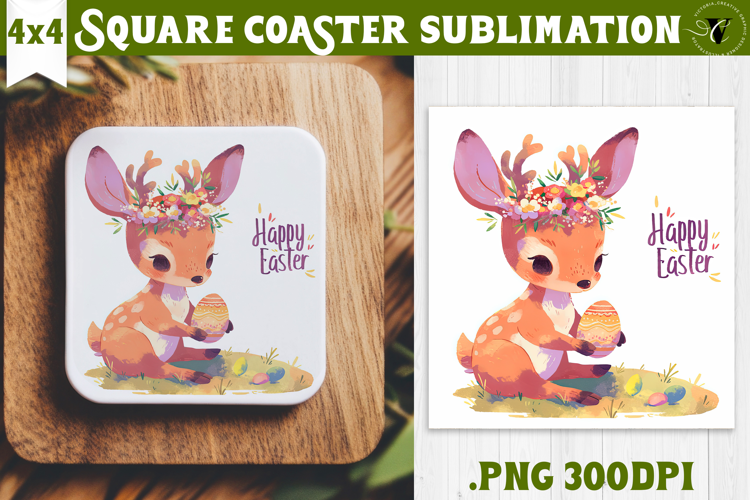 Easter Square Coaster | Watercolor Reindeer | Happy Easter
