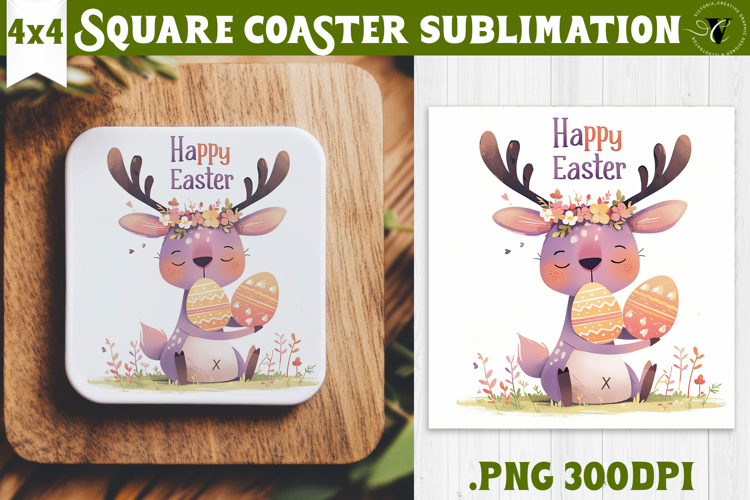 Easter Square Coaster | Watercolor Reindeer | Happy Easter