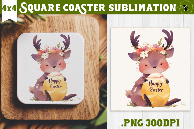 Easter Square Coaster | Watercolor Reindeer | Happy Easter