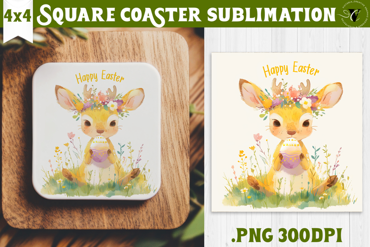 Easter Square Coaster | Watercolor Reindeer | Happy Easter