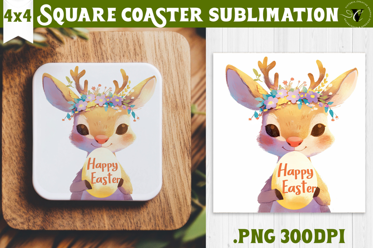Easter Square Coaster | Watercolor Reindeer | Happy Easter