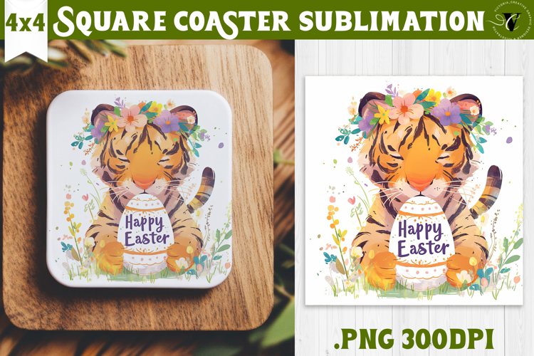 Easter Square Coaster | Watercolor Tiger | Happy Easter