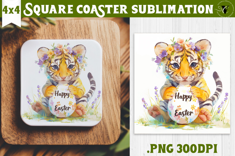 Easter Square Coaster | Watercolor Tiger | Happy Easter
