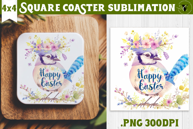Easter Square Coaster | Watercolor Blue Jay | Happy Easter