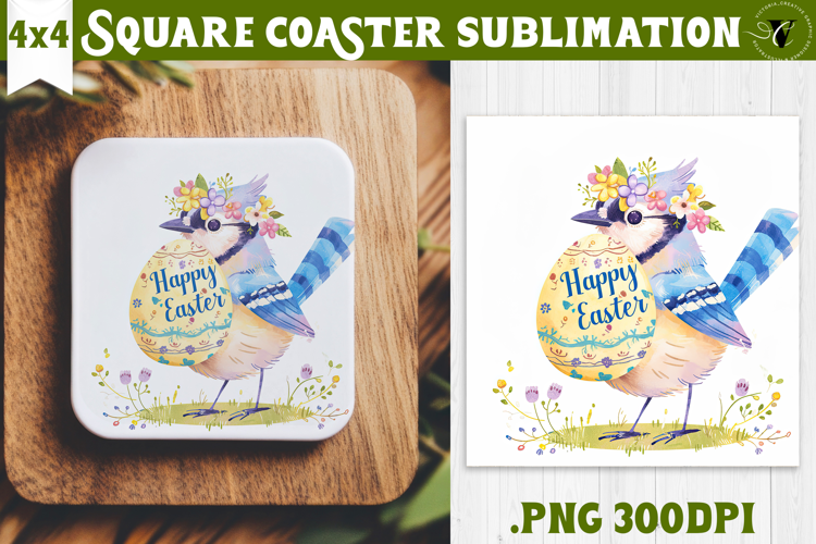 Easter Square Coaster | Watercolor Blue Jay | Happy Easter