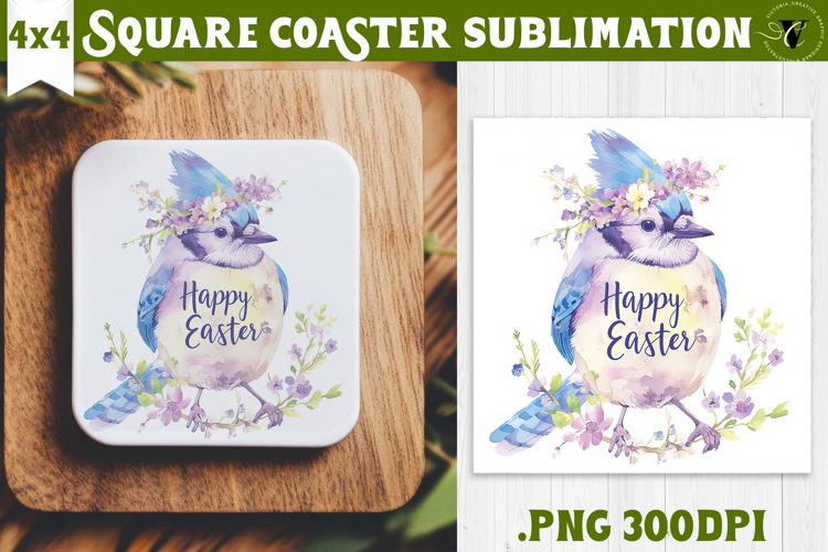 Easter Square Coaster | Watercolor Blue Jay | Happy Easter