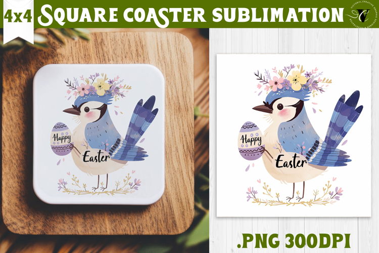 Easter Square Coaster | Watercolor Blue Jay | Happy Easter