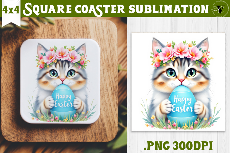 Easter Square Coaster | Watercolor Cat | Happy Easter