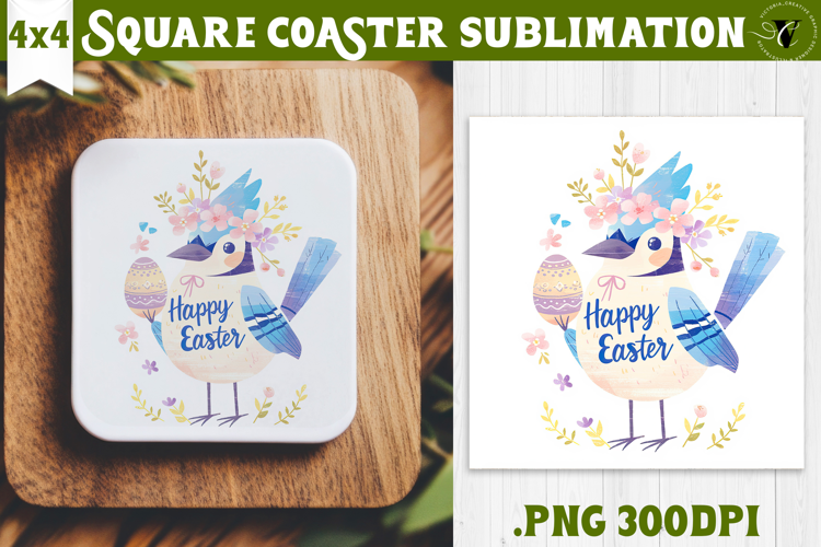 Easter Square Coaster | Watercolor Blue Jay | Happy Easter