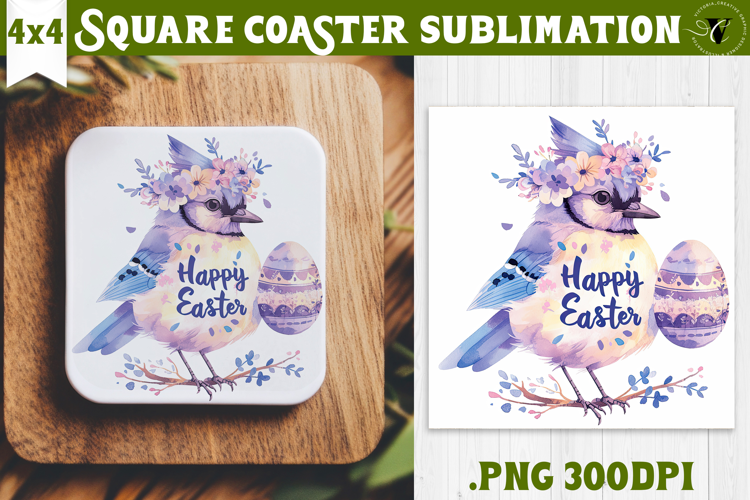Easter Square Coaster | Watercolor Blue Jay | Happy Easter