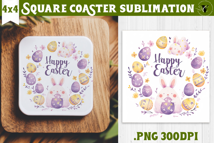 Easter Square Coaster | Watercolor Bunny | Happy Easter