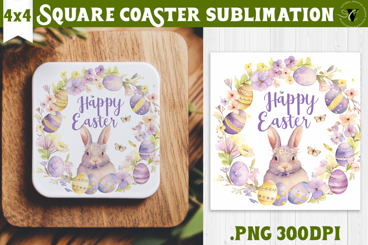 Easter Square Coaster | Watercolor Bunny | Happy Easter