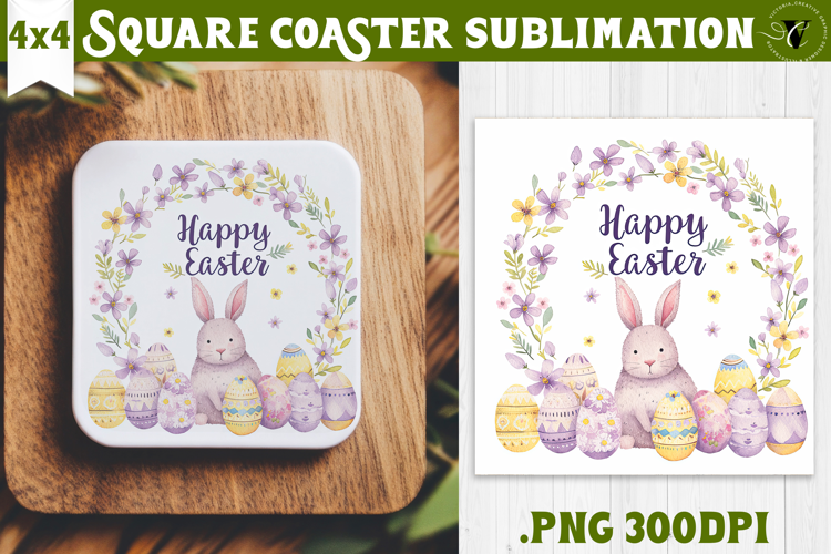 Easter Square Coaster | Watercolor Bunny | Happy Easter