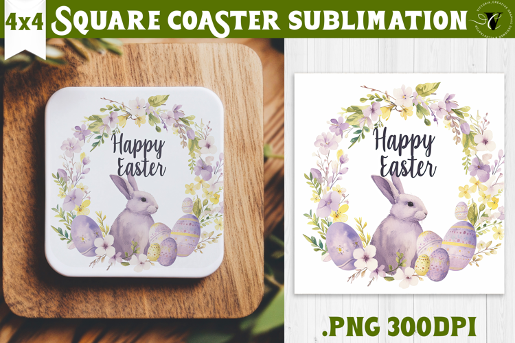 Easter Square Coaster | Watercolor Bunny | Happy Easter