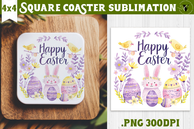 Easter Square Coaster | Watercolor Bunny | Happy Easter