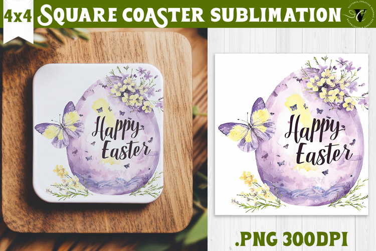 Easter Square Coaster | Watercolor butterfly | Happy Easter