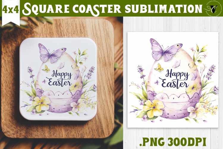 Easter Square Coaster | Watercolor butterfly | Happy Easter