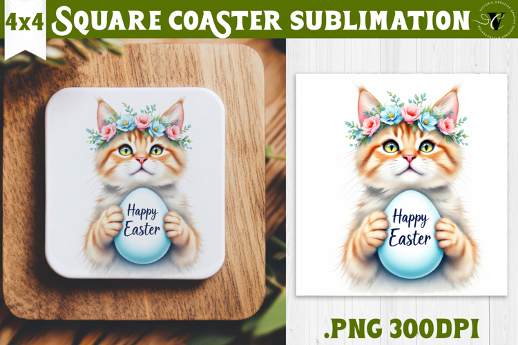 Easter Square Coaster | Watercolor Cat | Happy Easter