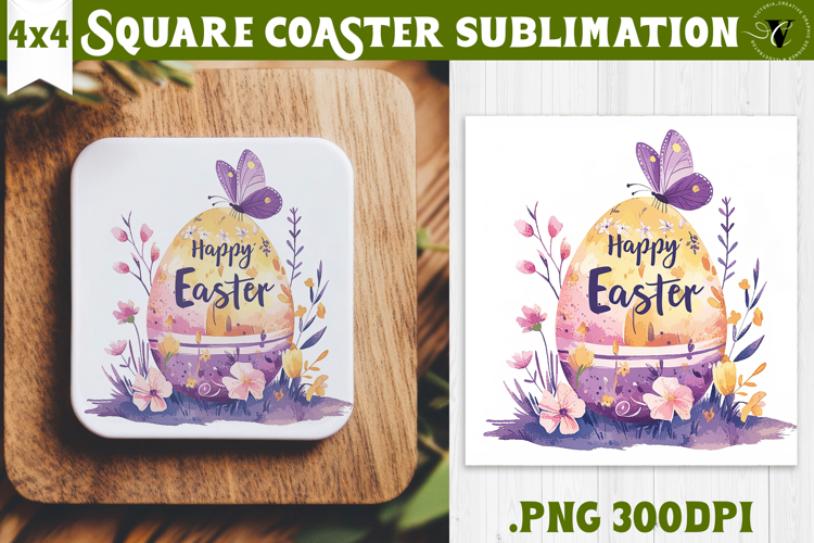 Easter Square Coaster | Watercolor butterfly | Happy Easter