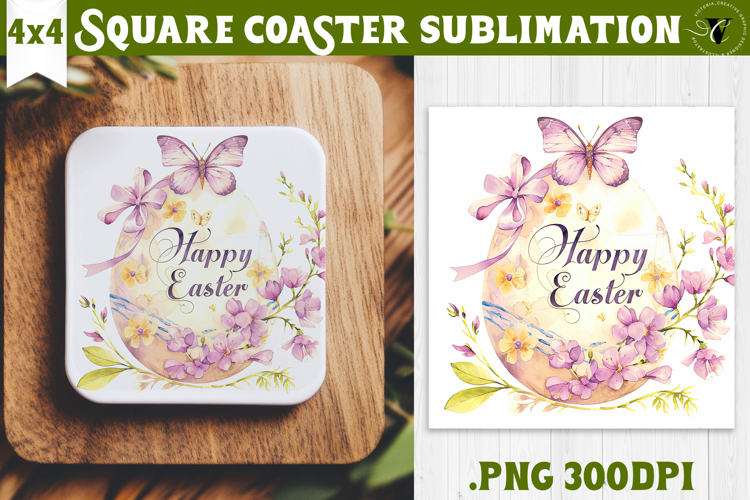 Easter Square Coaster | Watercolor butterfly | Happy Easter