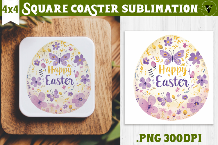Easter Square Coaster | Watercolor butterfly | Happy Easter