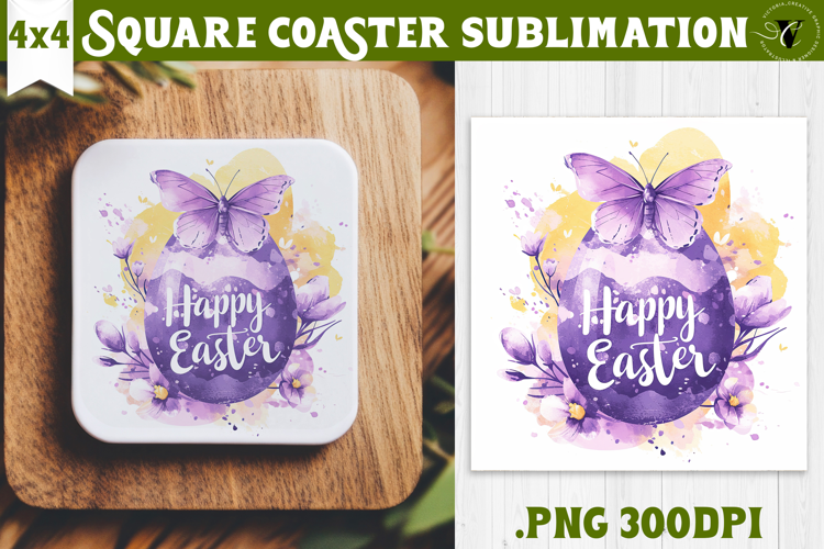 Easter Square Coaster | Watercolor butterfly | Happy Easter