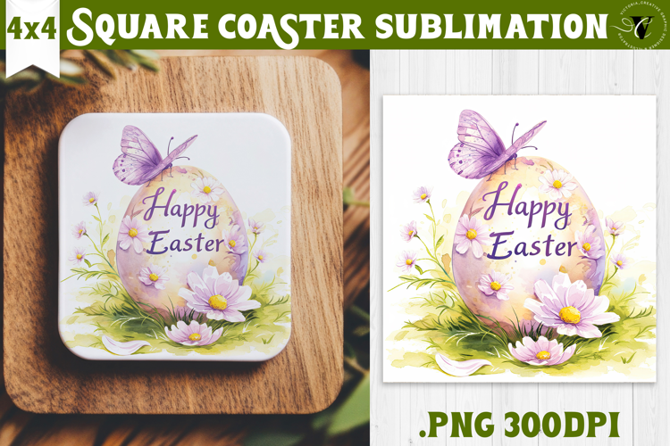 Easter Square Coaster | Watercolor butterfly | Happy Easter