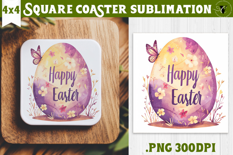 Easter Square Coaster | Watercolor butterfly | Happy Easter