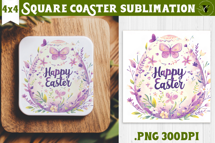 Easter Square Coaster | Watercolor butterfly | Happy Easter