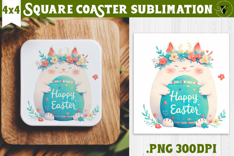 Easter Square Coaster | Watercolor Cat | Happy Easter