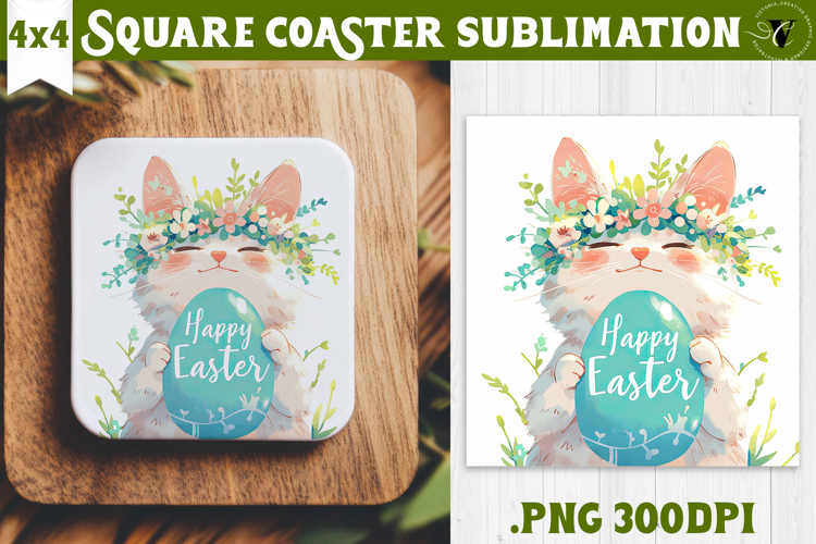 Easter Square Coaster | Watercolor Cat | Happy Easter