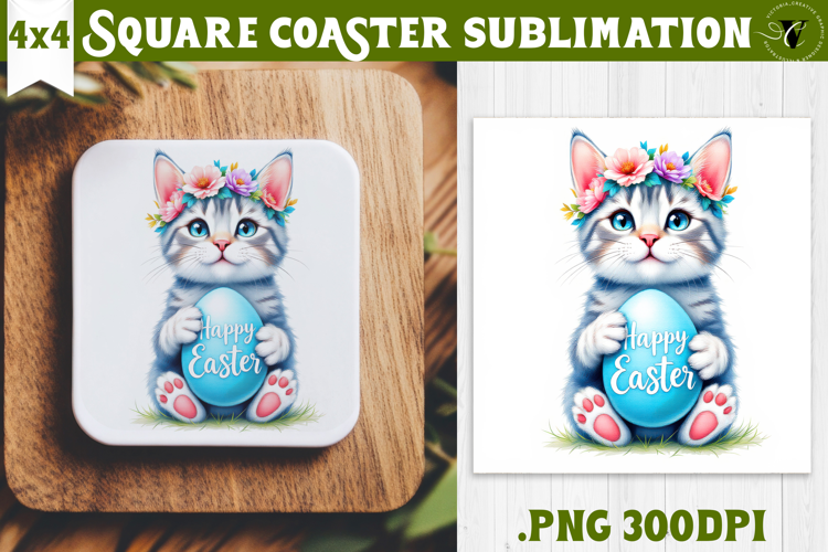 Easter Square Coaster | Watercolor Cat | Happy Easter