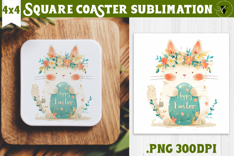Easter Square Coaster | Watercolor Cat | Happy Easter
