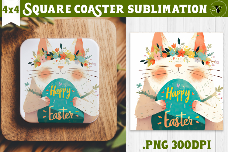 Easter Square Coaster | Watercolor Cat | Happy Easter